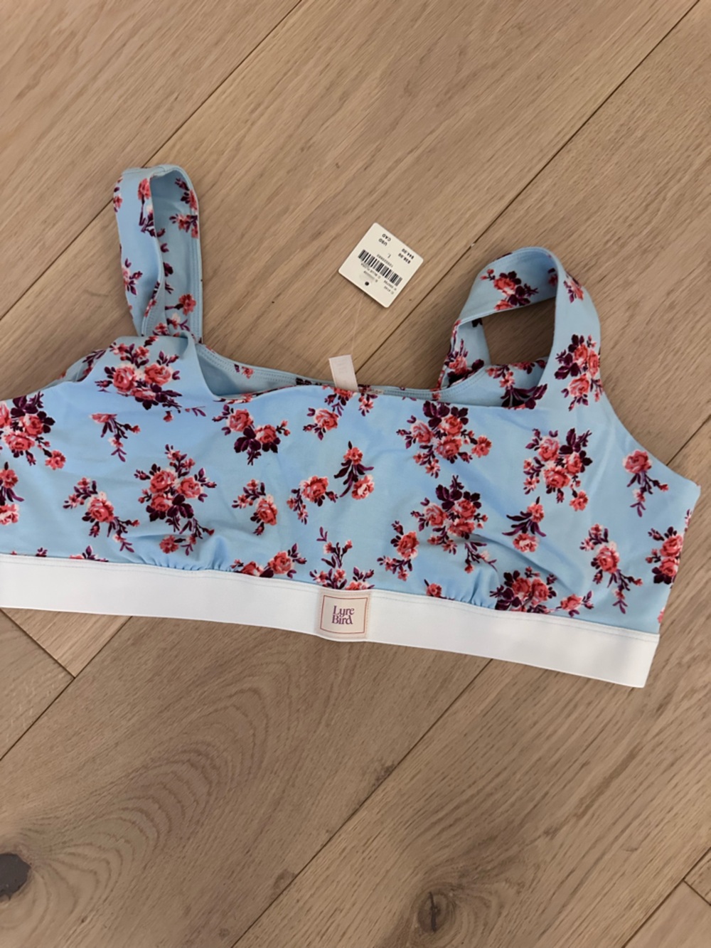 Anthropologie Light Blue Floral Sports Bra with Pink Rose Print